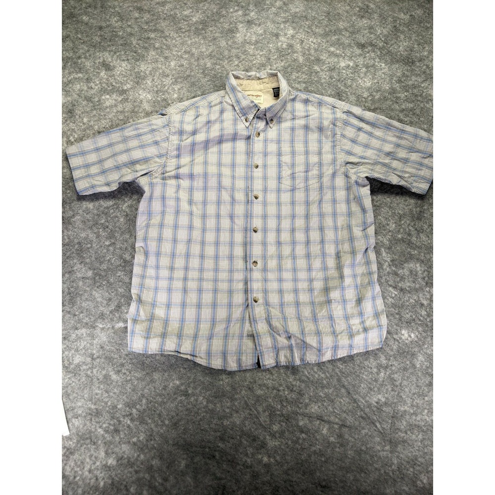Wrangler Shirt Button Down Men XL tan plaid Short Sleeve Oxford beige